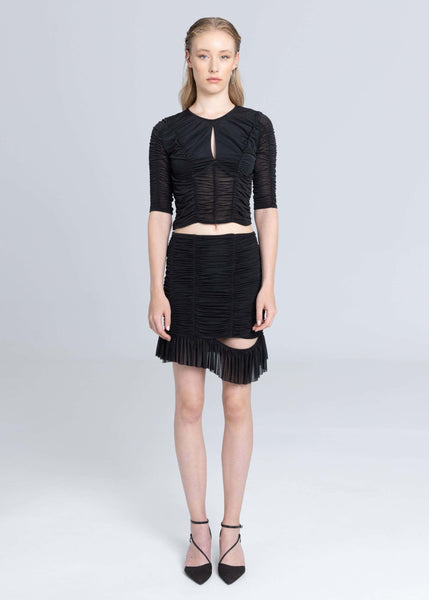 RUCHED MINI SKIRT WITH DRAPED FRILLS
