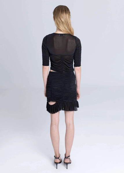 RUCHED MINI SKIRT WITH DRAPED FRILLS.