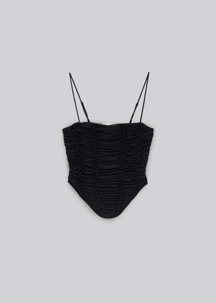 GATHERED CORSET STRAPPY TOP | BLACK.