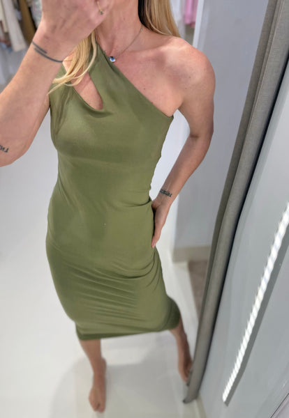 ECO VITAL SHOULDER MIDI DRESS| ORGANIC OLIVE