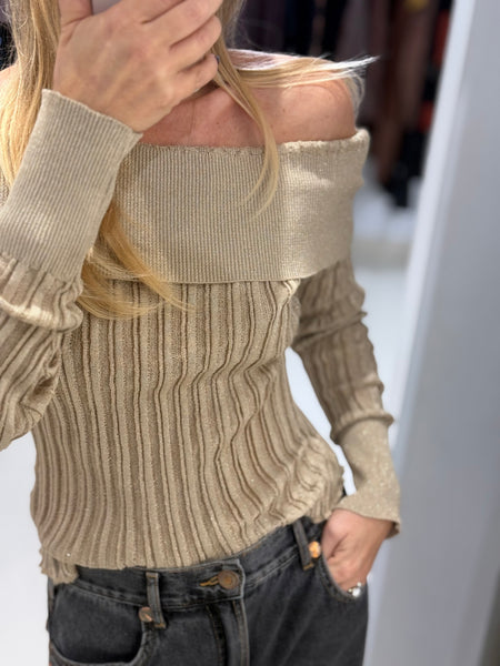 SPARKLING NIGHTS LONGSLEEVE KNIT TOP | GOLD BEIGE